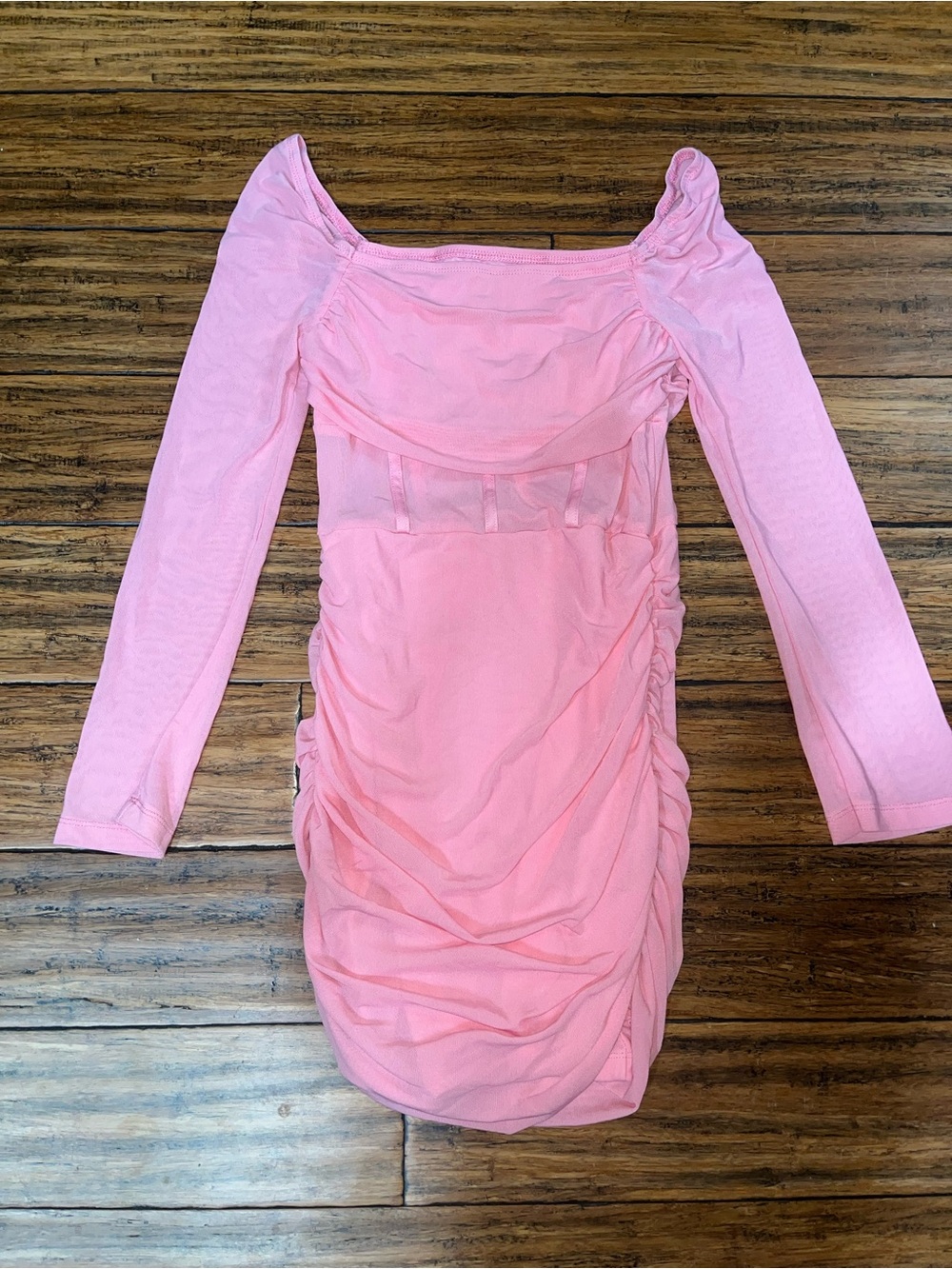 Pink Ruched Long-Sleeve Corset Bodycon Dress